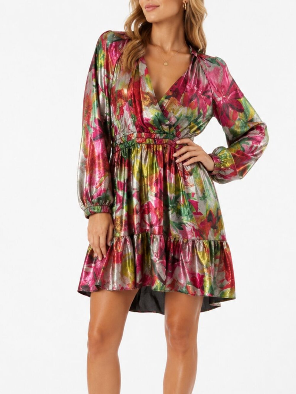 NWT Current Air Metallic Floral Faux Wrap Ruffle Dress Large
